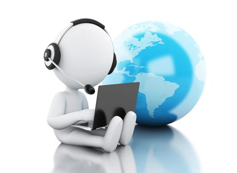 3d illustration. White people working on a laptop with headphones and earth globe, isolated white background. Global communication concept.