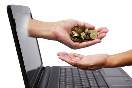 Hand with coins comes out of laptop monitor and pour down coins into hands of another person.
