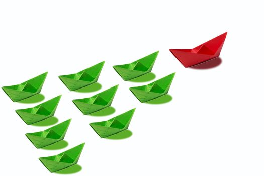 Leadership concept, red leader boat, standing out from the crowd of green boats, on white background