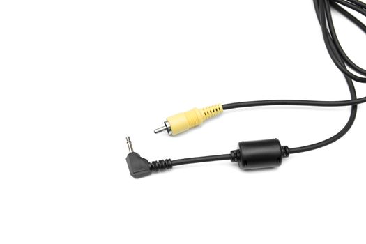 Black and yellow jack audio cables isolated on white background.