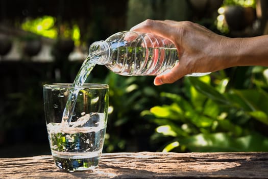 Female hand pouring water from bottle to glass on nature background