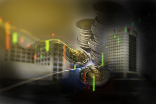 Double exposure stock financial indices with stack coin. Financial stock market in accounting market economy analysis.