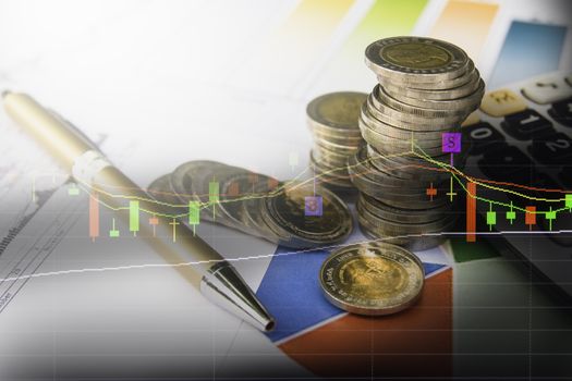 Double exposure stock financial indices with stack coin. Financial stock market in accounting market economy analysis.