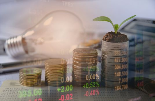 Double exposure stock financial indices with stack coin. Financial stock market in accounting market economy analysis.