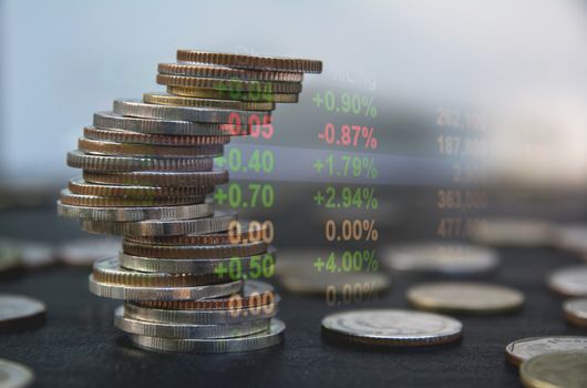 Double exposure stock financial indices with stack coin. Financial stock market in accounting market economy analysis.