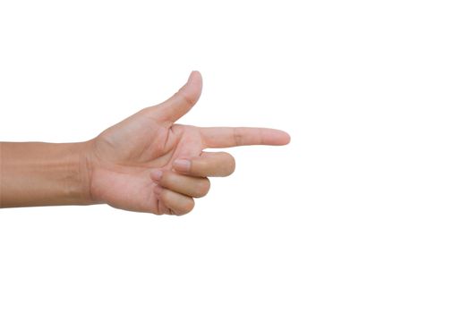 Woman point finger isolated on white background