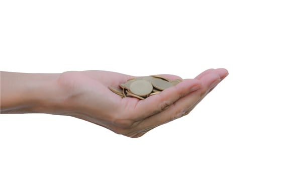 Handful of coins in palm hands. Hands with coins isolated on white background with clipping path.