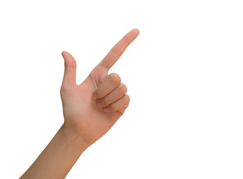 Woman point finger isolated on white background with clipping path.