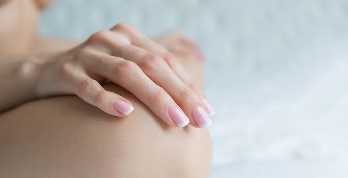 Beautiful Female Hands, Manicure clean concept, white background