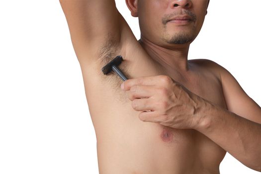 armpits and razor hairy. Shaves a man's armpit with a close-up blade isolated on a white background.