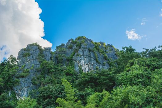 Beautiful Mountains with green plant and blue sky landscape in Thailand.