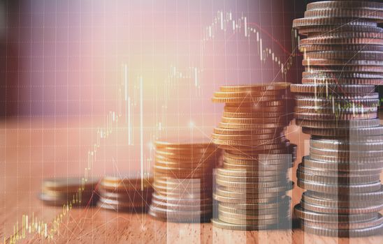 Double exposure stock financial indices with stack coin. Financial stock market in accounting market economy analysis.