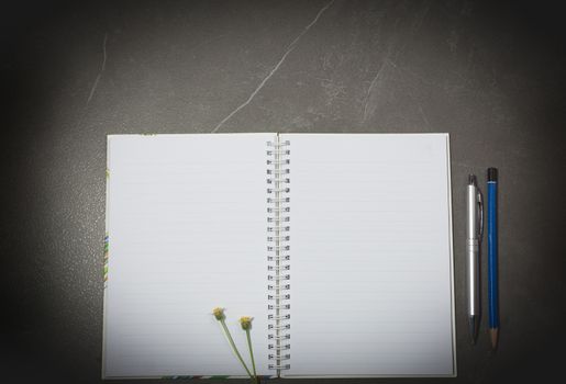 Top view of open book. Book open, with pen and flower on table dark tone background.