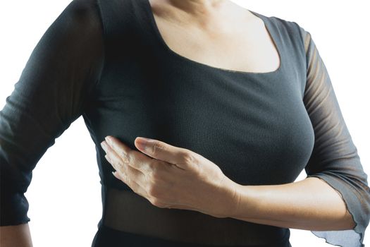 Breast cancer self check. Closeup woman with breast cancer checking isolated on white background. Healthy lifestyle concept.