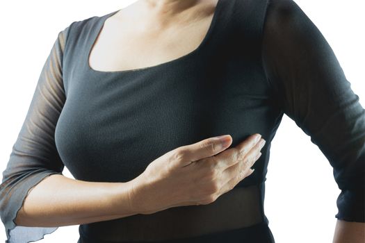 Breast cancer self check. Closeup woman with breast cancer checking isolated on white background. Healthy lifestyle concept.