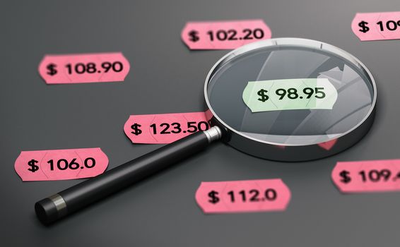 3d illustration of a magnifying glass over black background with price tags and focus on the cheapest one. 