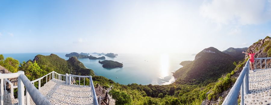 High angle view panorama beautiful nature landscape of sunrise over the sea and island from Ko Wua Ta Lap viewpoint in Mu Ko Ang Thong National Marine Park, Surat Thani, Thailand