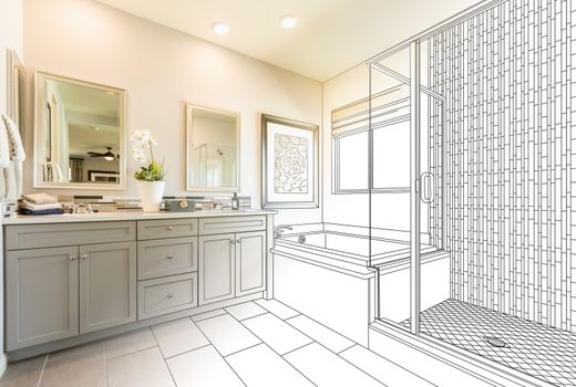 Custom Master Bathroom Design Drawing Gradating to Finished Photo.