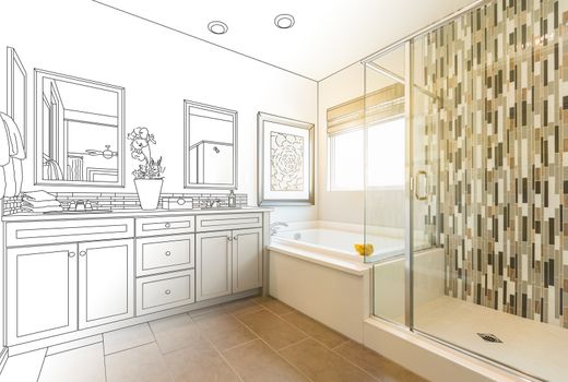 Custom Master Bathroom Design Drawing Gradating to Finished Photo.