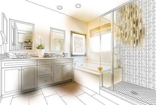 Custom Master Bathroom Design Drawing With Brush Stroke Revealing Finished Photo.