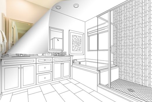 Master Bathroom Drawing Page Corner Flipping with Photo Behind.