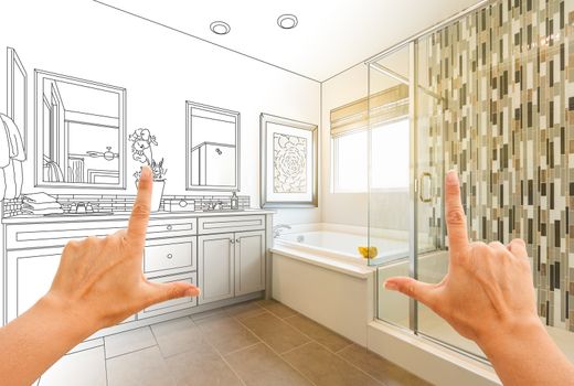 Hands Framing Custom Master Bathroom Drawing and Photo Gradation.