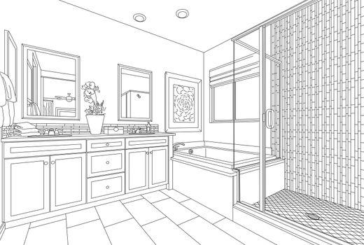 Detailed Drawing of A Custom Master Bathroom on White.