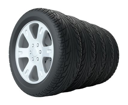 Car tires in row, isolated on white background. 3d illustration