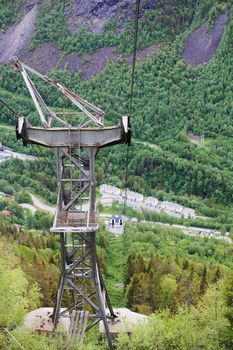 Post and cables of ropeway in mountains near Rjukan, Hardangervidda, Norway