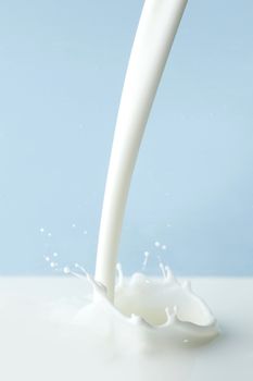 Pouring milk splash on blue background close-up