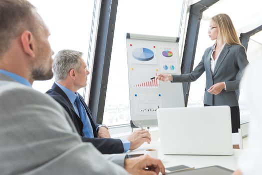 Business presentation of statistics, business woman pointing at flipchart, team of people at meeting table watching