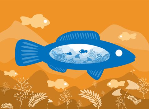 Fish on the background of the sea floor with an abstract representation of the world. illustration