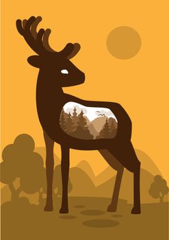 Deer in the forest background with an abstract representation of the world. illustration
