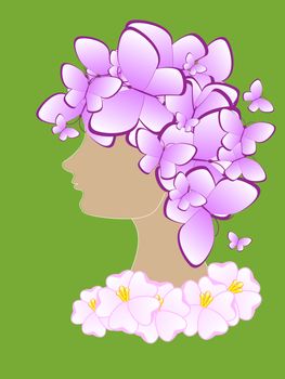Beautiful abstract silhouette of a girl with butterflies and flowers on his head. illustration