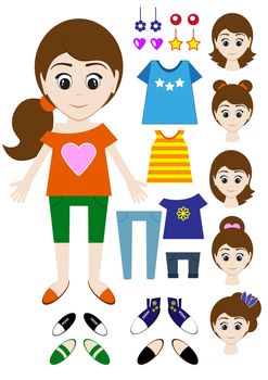 Big set of clothes for the girl Constructor. Hairstyle, dress, shoes, pants, T-shirt. illustration