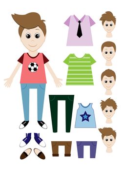 Big set of clothes for the boy Constructor. Hairstyle, dress, shoes, pants, T-shirt. illustration
