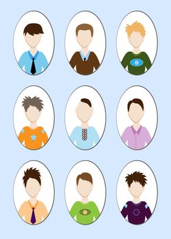 Cartoon illustration of a handsome young man with various hair style. illustration