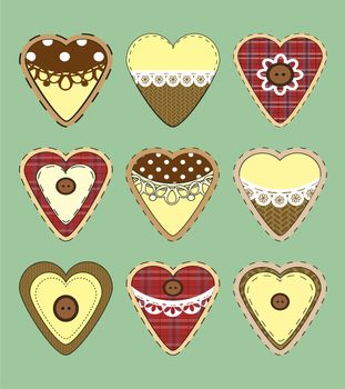 Set of vintage hearts with fabric texture. illustration