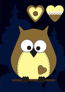 Cute cartoon owl in flat design for greeting card, invitation and logo with fabric texture. illustration