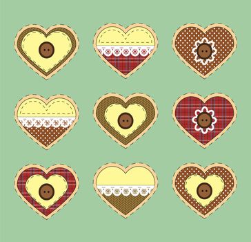 Set of vintage hearts with fabric texture. illustration