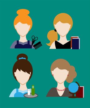 Profession people hairdresser, teacher, secretary. Face men uniform. Avatars in flat design. illustration