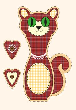 Cute cartoon cat in flat design for greeting card, invitation and logo with fabric texture. illustration