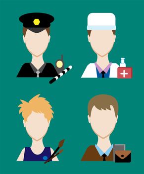 Profession people cop, doctor, an artist, a businessman. Face men uniform. Avatars in flat design. illustration