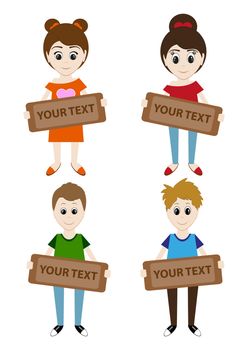 Set of cartoon boys and girls holding a sign for your text. illustration