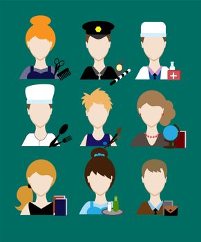 Avatars profession people cop doctor, cook, hairdresser, an artist, teacher, waiter, a businessman, secretary. Face men uniform. Avatars in flat design illustration