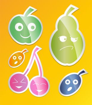 Berry icon set. Labels with berries apple pear, plum, apricot, cherry Flat style. illustration