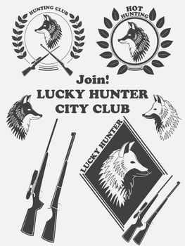 Vintage label with a fox, weapons for lucky hunting club. illustration