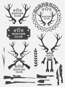 Set of vintage hunting logo, labels and badges. Deer. Horn. Weapon illustration