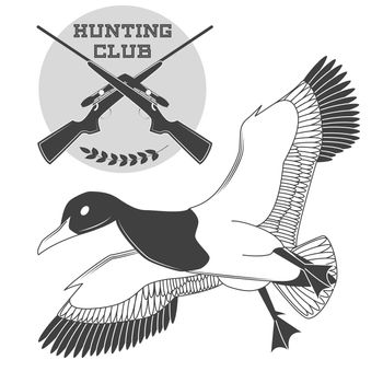 Vintage label with a duck, weapons for lucky hunting club. illustration