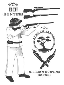 African hunter safari labels, emblems and design elements. illustration